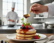 Chef-Level Pancakes plated with syrup and fruits.