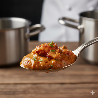 Classic Lobster Bisque – Dry Sherry & Lobster-Base Stock on spoon.