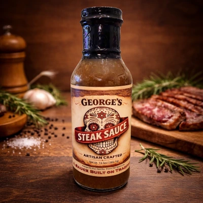 Steak sauce with rustic flavor elements George's Steak sauce with steak in the background.