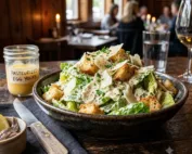 Authentic-Steakhouse-Caesar in a bowl on a table, with a knife on the side, also Pasteurized eggs yolks on the side