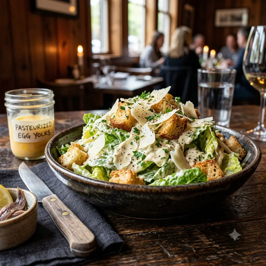 Authentic-Steakhouse-Caesar in a bowl on a table, with a knife on the side, also Pasteurized eggs yolks on the side