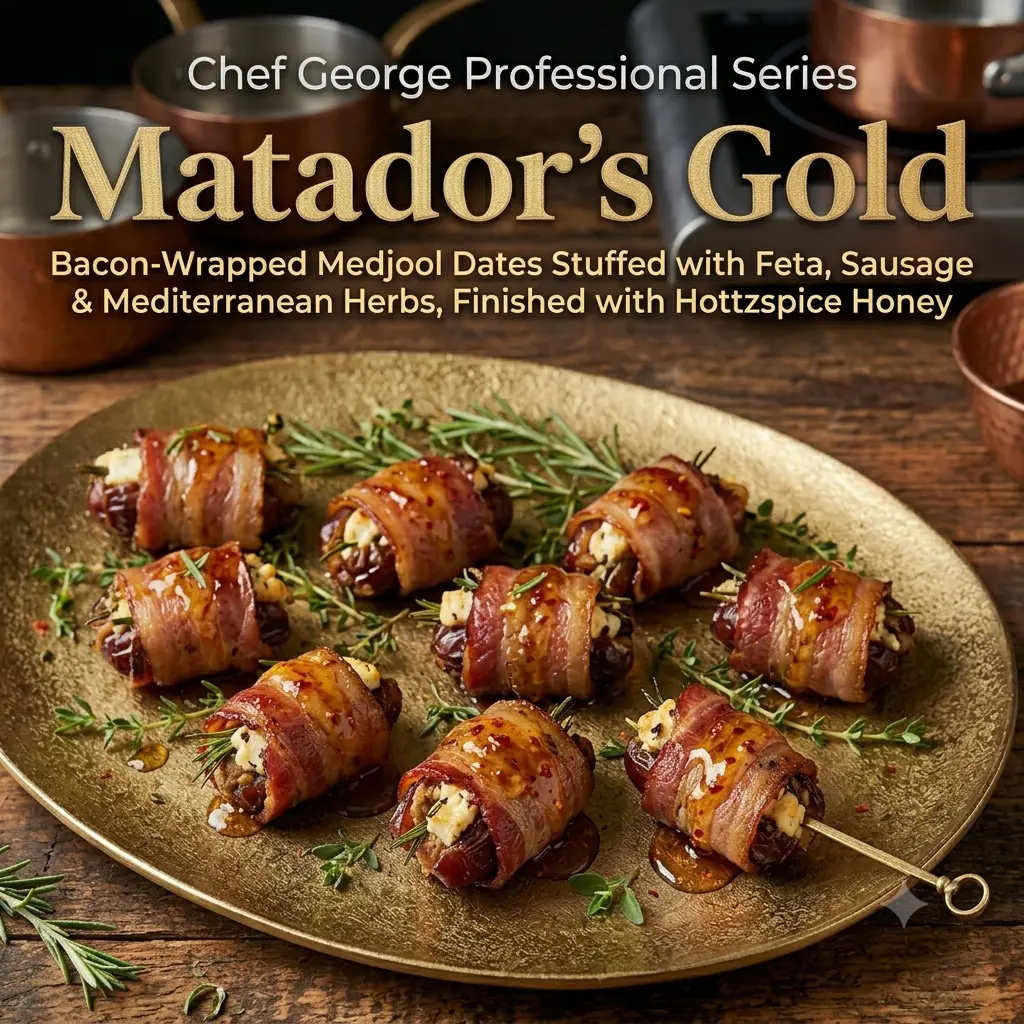Matador's Gold - Bacon-Wrapped Medjool Dates Stuffed with Feta, Sausage & Mediterranean Herbs, Finished with Hottzspice Honey plated beautifully