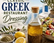Greek-salad-and-dressing blog cover. show casing the dressing inside a glass bottle