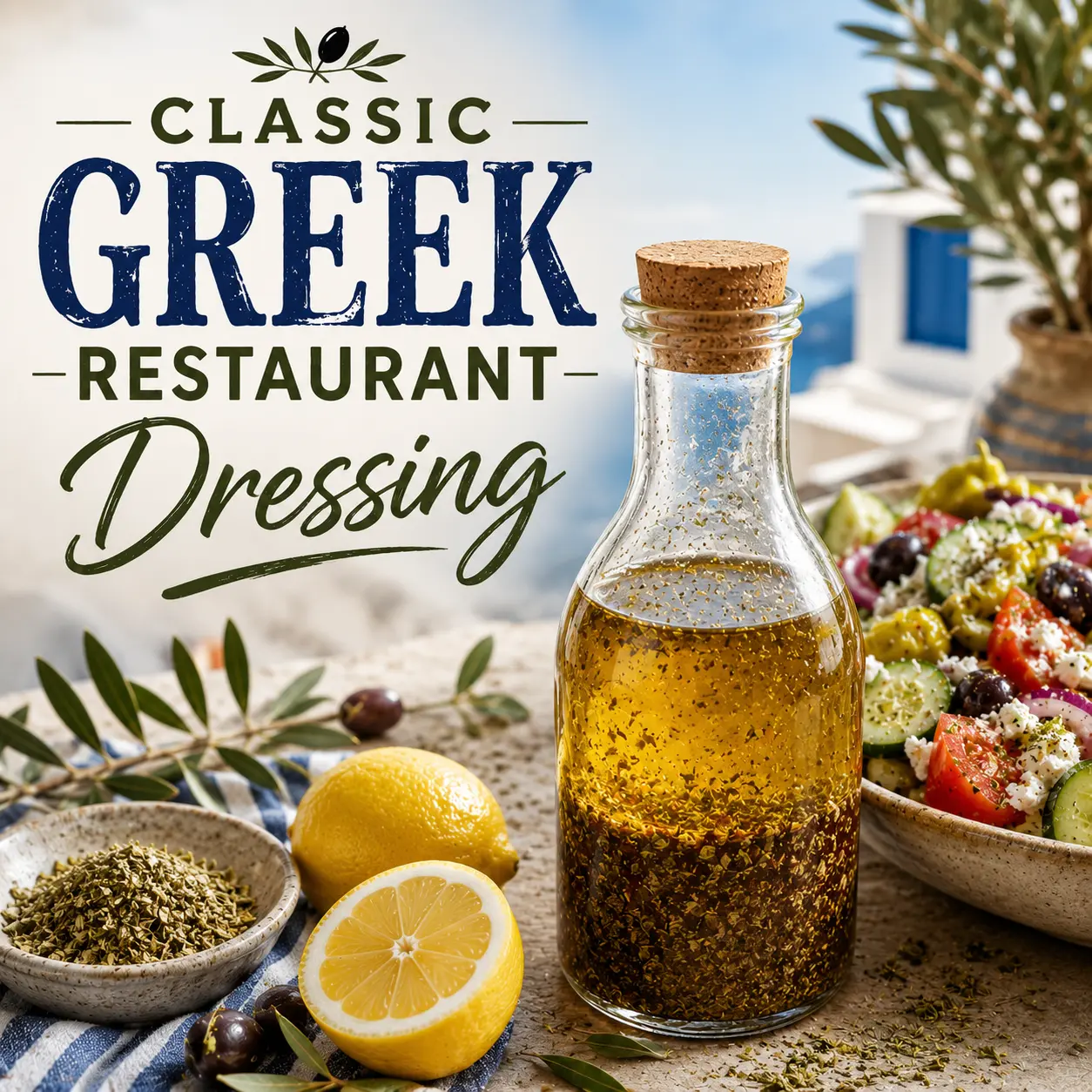 Greek-salad-and-dressing blog cover. show casing the dressing inside a glass bottle