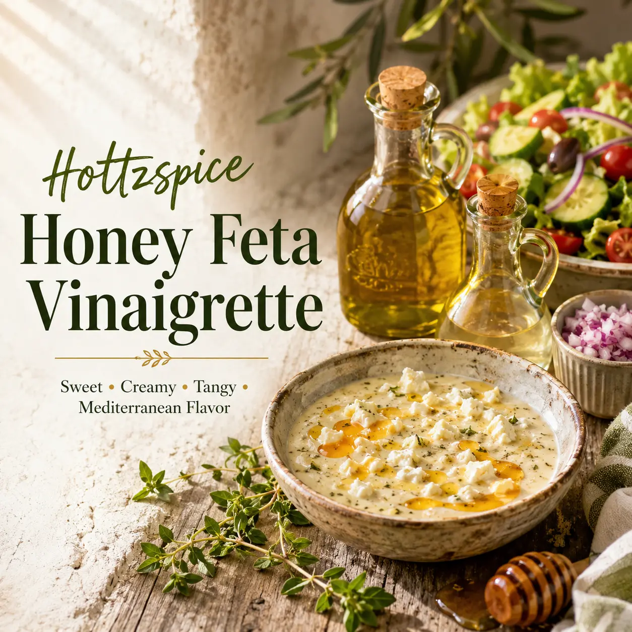 Hottzspice Honey Feta Vinaigrette cover photo, showing the dish is a bowl