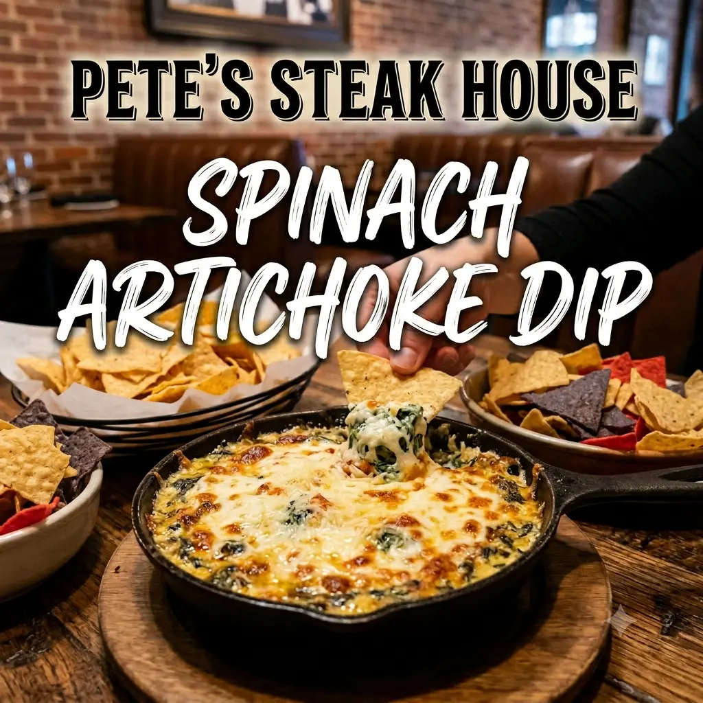 Pete's Steak House Spinach Artichoke Dip in a bowl, being severed with chips