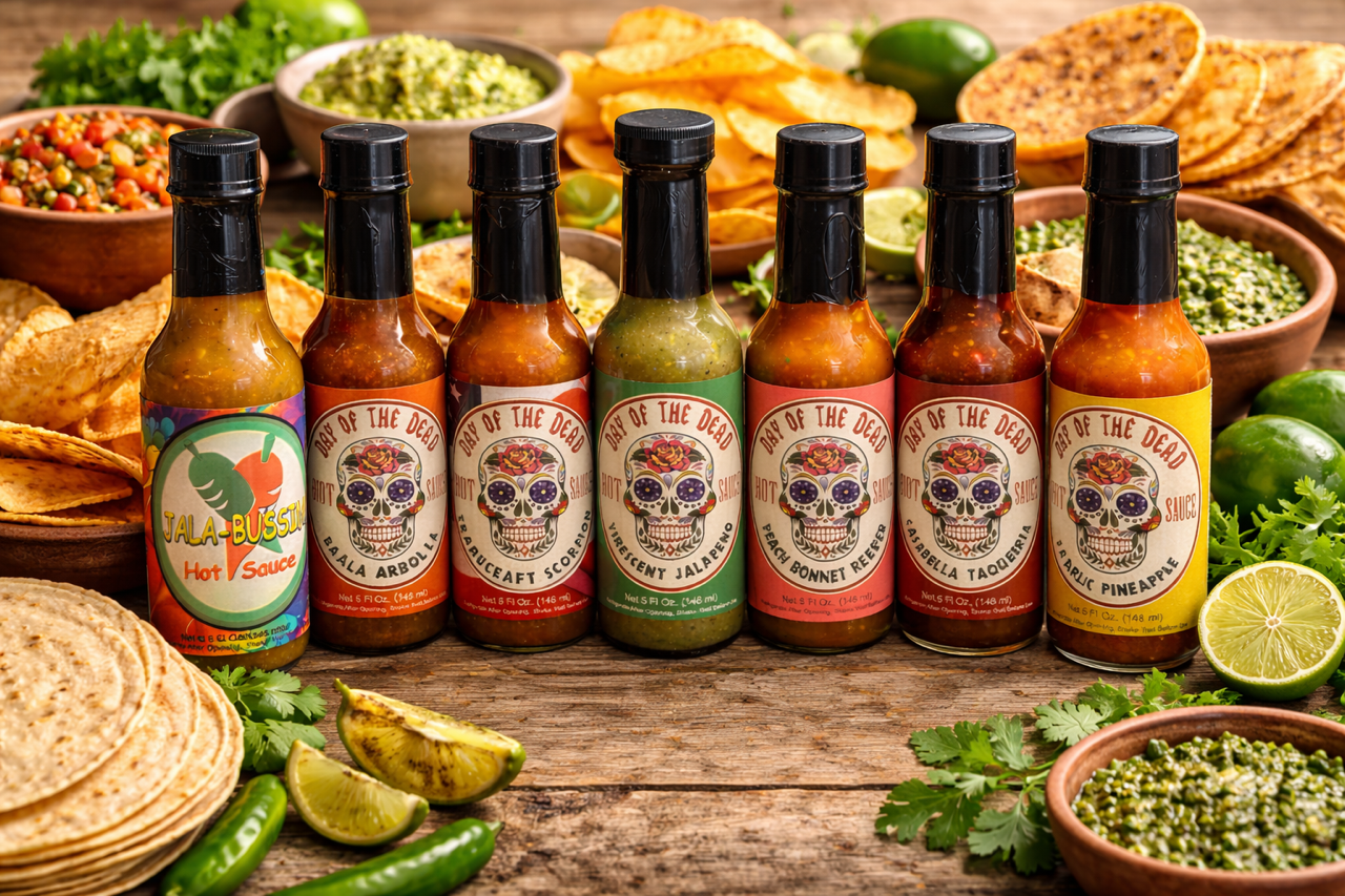 PSI Legacy Food hot sauce and spice lineup surrounded by Day of the Dead confetti and papel picado