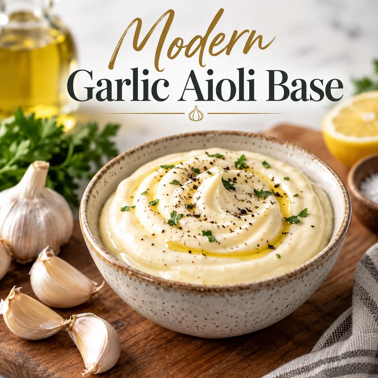 Modern Garlic Aioli Base in a bowl, garnished with parsley and cracked pepper, surrounded by garlic, lemon, and olive oil